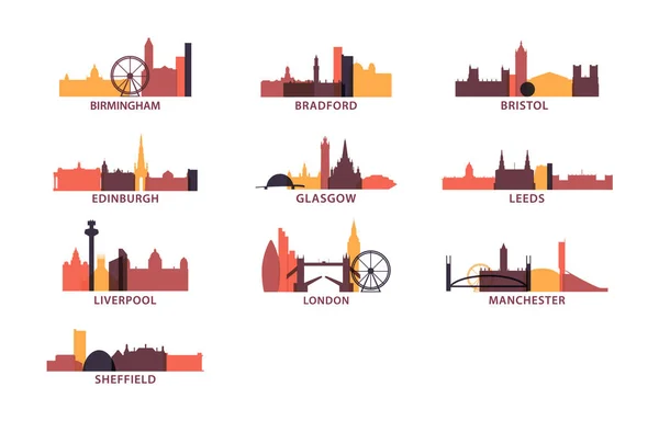 Großbritannien Städte Symbole setzen Skyline Vektor Logo Pack — Stockvektor