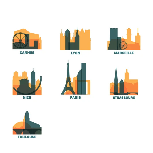 Francia ciudades iconos conjunto skyline vector logo pack — Vector de stock