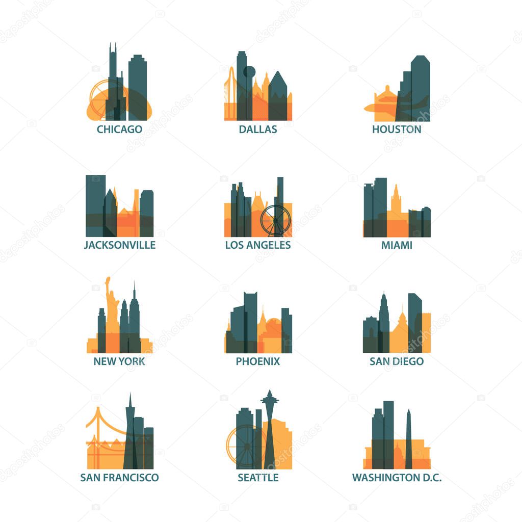 United States of America USA cities icons set, modern skyline citysape landmark logo vector pack