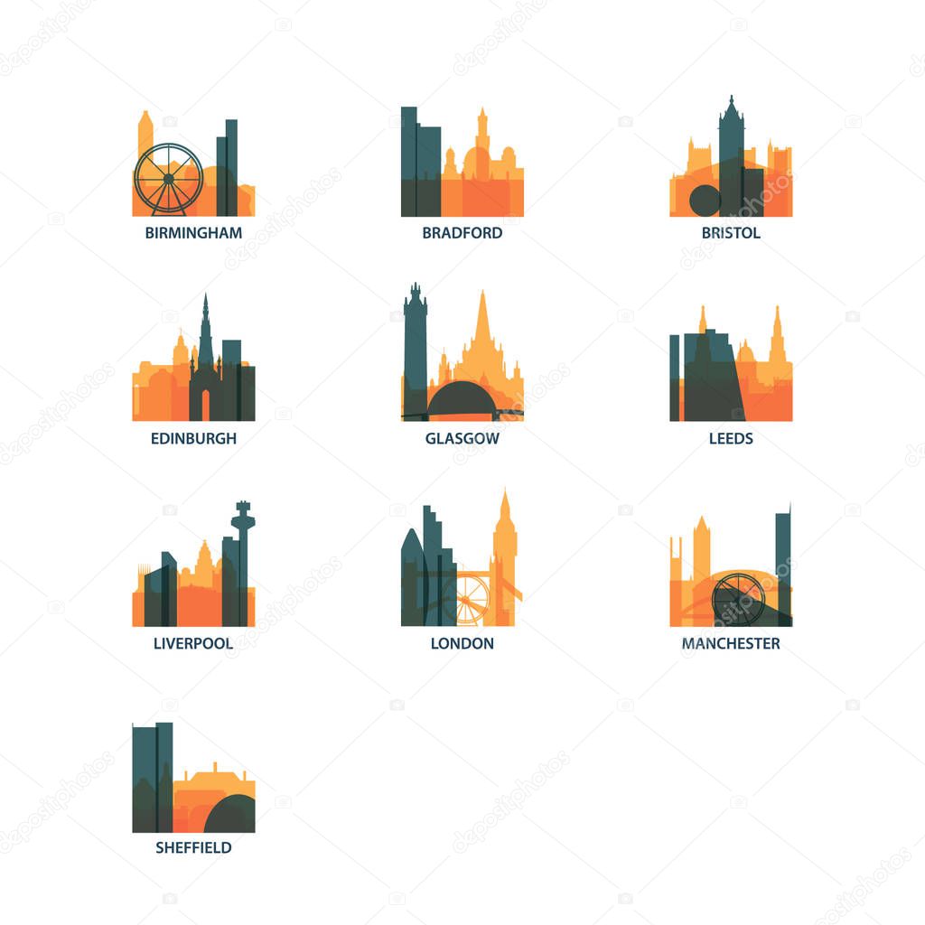 United Kingdom UK cities icons set, modern skyline citysape landmark logo vector pack