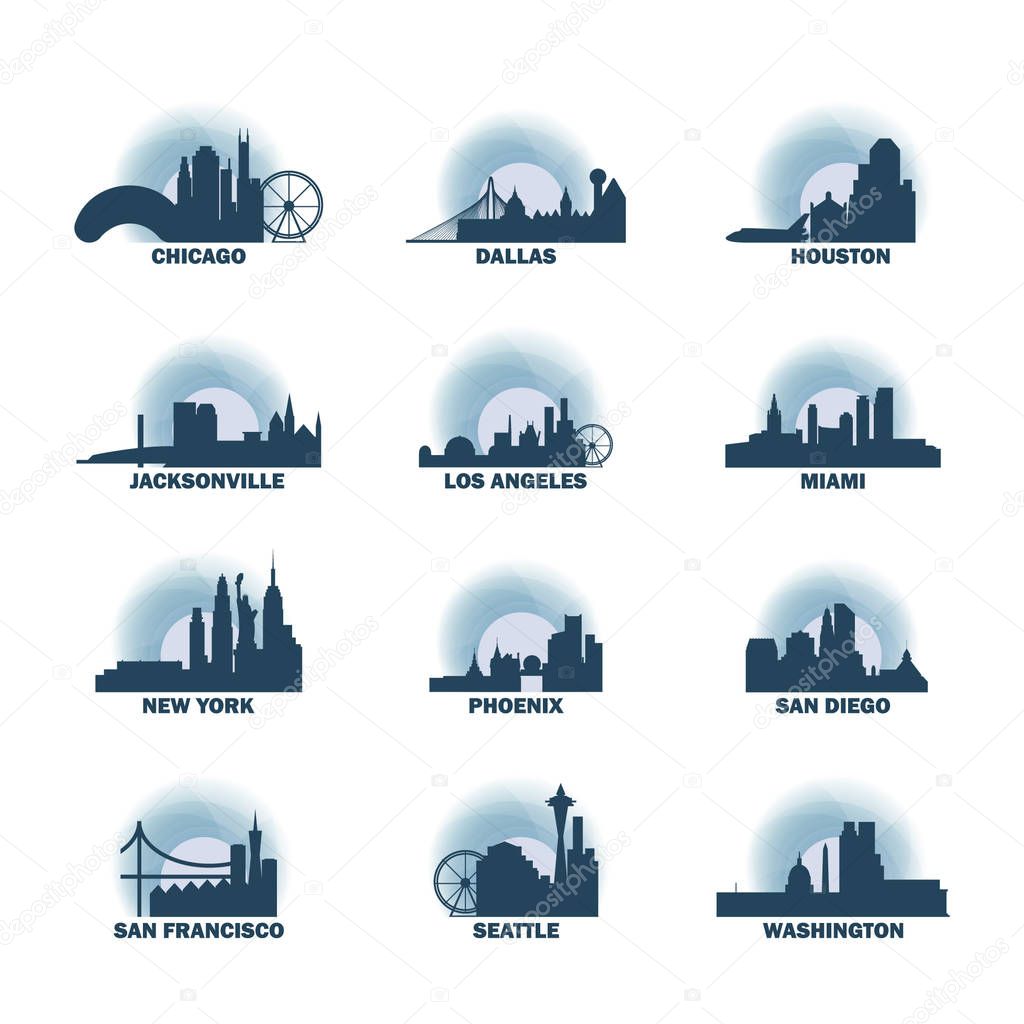 United States of America USA cities icons set, modern skyline citysape landmark logo vector pack