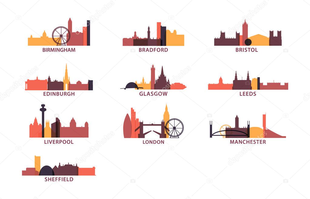United Kingdom UK cities icons set, modern skyline citysape landmark logo vector pack