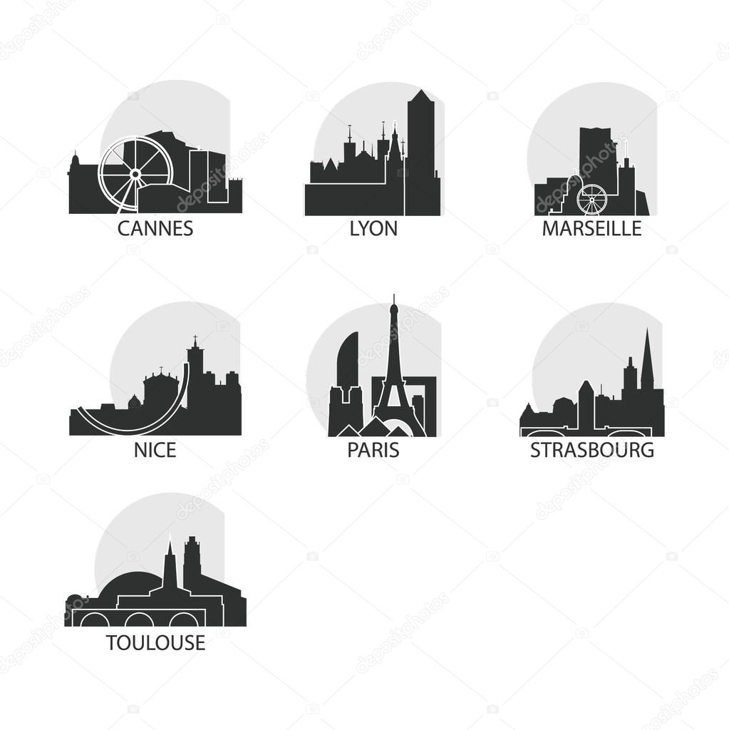 France cities icons set, modern skyline citysape landmark logo vector pack