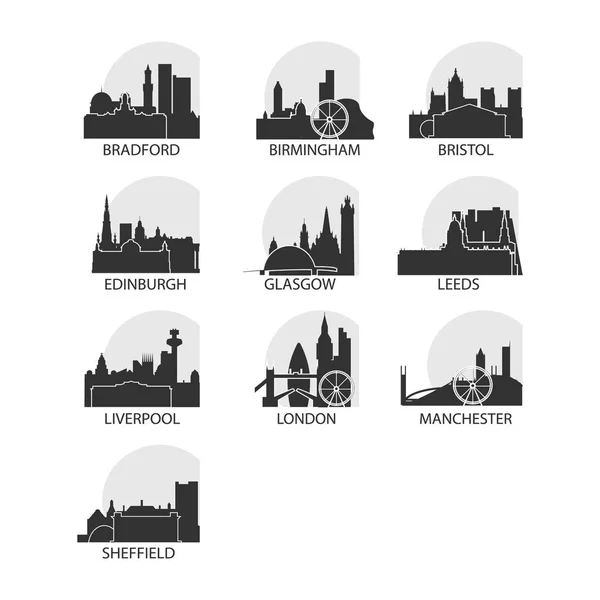 Reino Unido iconos ciudades conjunto skyline vector logo pack — Vector de stock