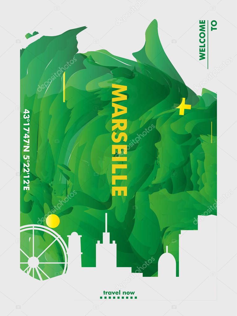 Modern France Marseille skyline abstract gradient poster art. Travel guide cover city vector illustration