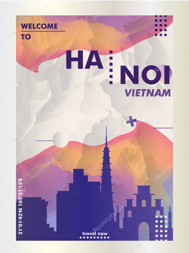 Modern Vietnam Hanoi skyline abstract gradient poster art. Travel guide cover city vector illustration