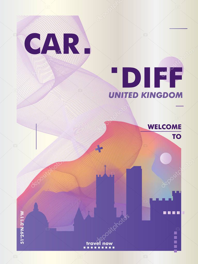 Modern UK United Kingdom Wales Cardiff skyline abstract gradient poster art. Travel guide cover city vector illustration