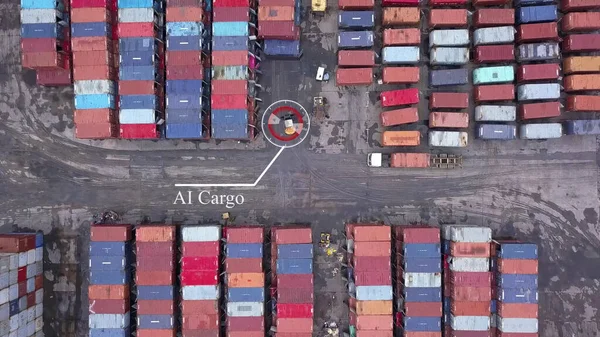 Artificial Intelligence Smart Industrial Cargo area with container box in dock at port, Aerial view