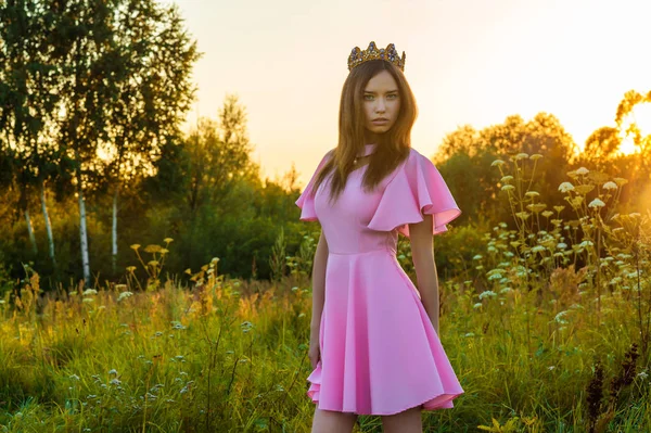 Hermosa Joven Vestido Rosa Con Corona Cabeza Atardecer —  Fotos de Stock