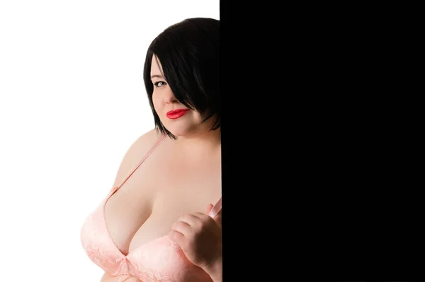 Krásná Tlustá Žena Dekolt Černé Bílé Pozadí — Stock fotografie
