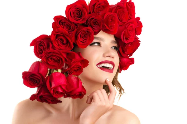 Hermosa Modelo Moda Chica Con Rosas Rojas Cabeza —  Fotos de Stock