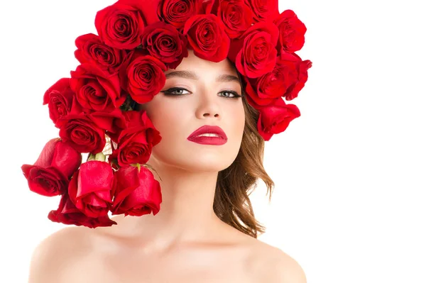 Ragazza Alla Moda Con Rose Rosse — Foto Stock