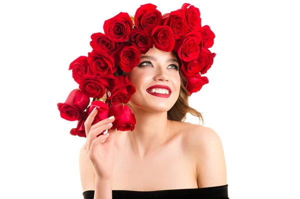 Очаровательная Девушка Красными Розами Голове — стоковое фото