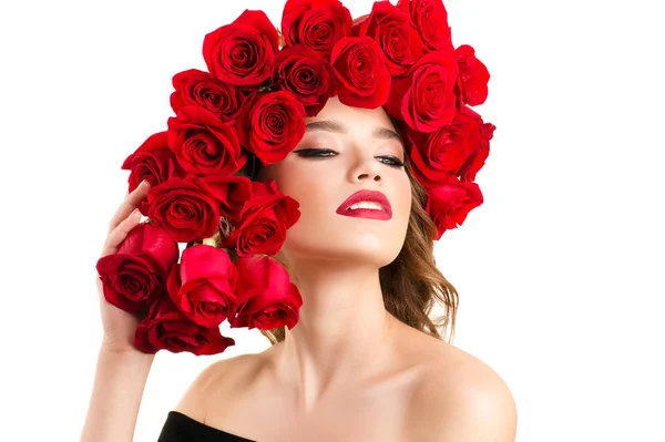 Lussuosa Ragazza Con Rose Rosse Acconciatura — Foto Stock