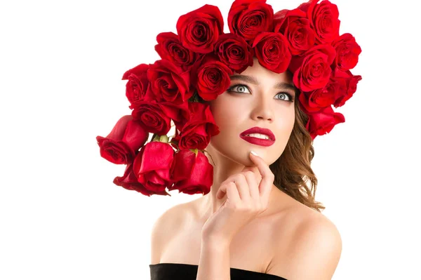 Schoonheid Fashion Model Gezicht Met Rode Rozen — Stockfoto
