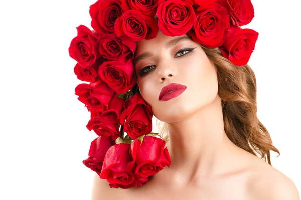 Молодая Белая Девушка Красными Розами — стоковое фото