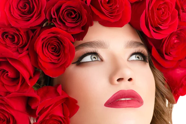 Charming Portrait Girl Roses Head Closeup — Stock Photo, Image