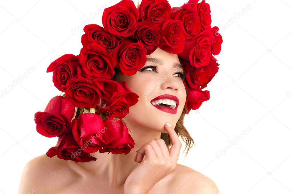 beautiful fashion model girl with red roses on head