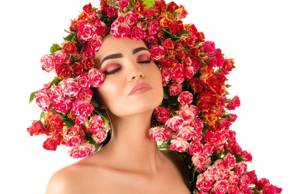 Beleza Cara Mulher Com Flor Rosa — Fotografia de Stock