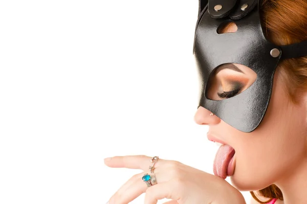 Sexy Kvinne Maske Bdsm Slikker Hånden – stockfoto