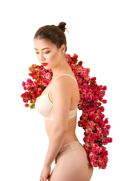 Beautiful Sexy Asian Girl Lingerie Roses — Stock Photo, Image