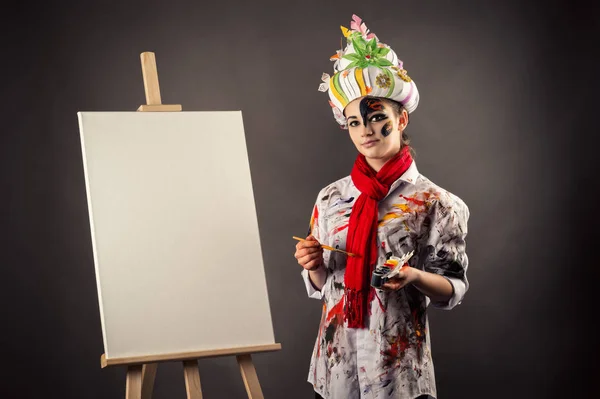 Young Artist Paints Hands Canvas — Stock Photo, Image