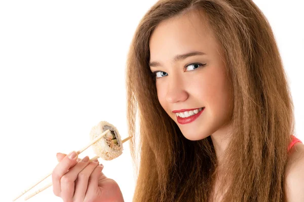 Retrato Menina Bonita Com Rolo Mão — Fotografia de Stock