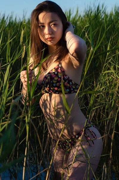Beautiful Young Korean Girl Standing Water Swimsuit — Stockfoto