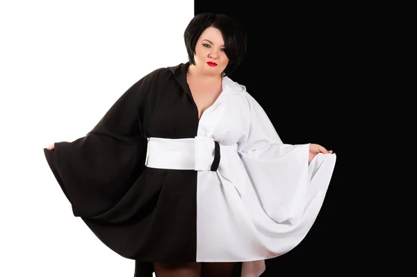 Charming Fat Woman Beautiful Black White Dress Black White Background — Stock Photo, Image