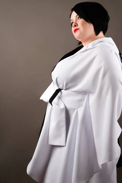 Fat Woman Fashionable Dress Isolated Gray Background — Stock Photo, Image