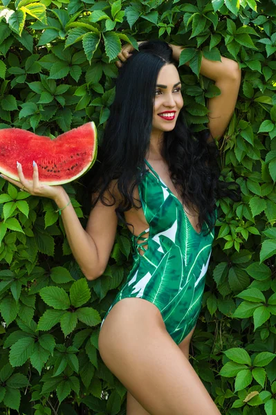 Smiling Brunette Woman Slice Watermelon — Stock Photo, Image