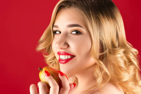 Smiling Woman Pear Hand — Stock Photo, Image