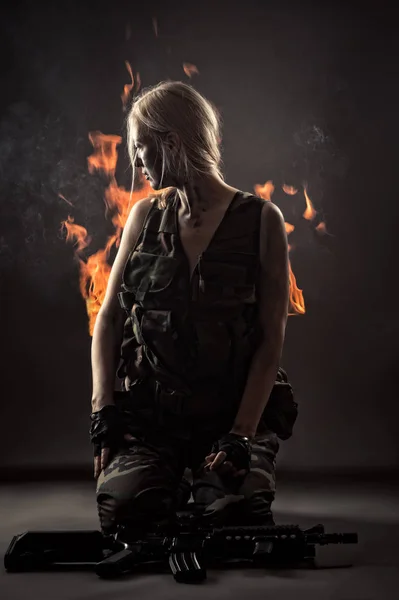 Burning Military Woman Studio Shot — Stock Photo, Image