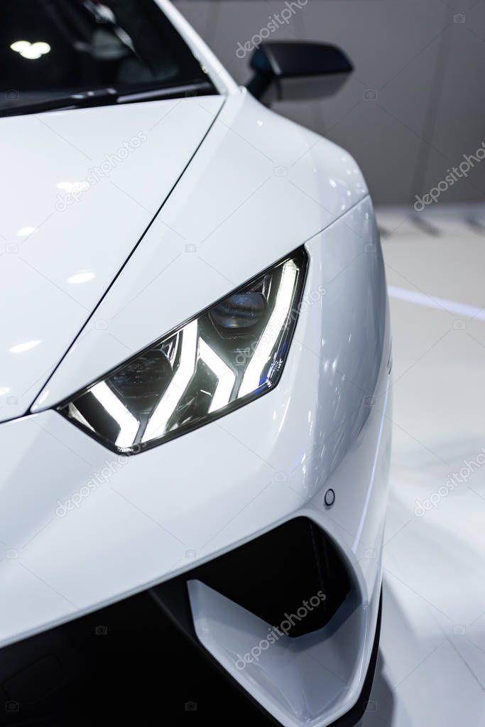 BANGKOK - NOVEMBER 28 : Headlight of The Lamborghini Huracan Performante on display at Thailand International Motor Expo 2018 on November 28, 2018 in Bangkok, Thailand.