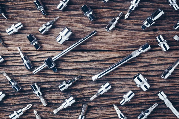 Herramientas Trabajo Sobre Fondo Mesa Madera Cerca Efecto Color —  Fotos de Stock