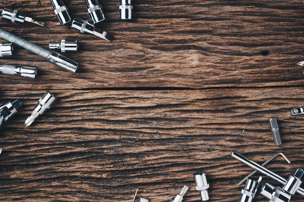 Strumenti Lavoro Sfondo Tavolo Legno Vicino Effetto Colore — Foto Stock