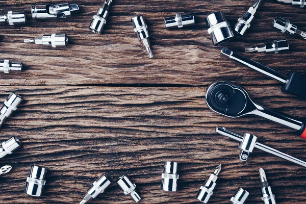 Herramientas Trabajo Sobre Fondo Madera Efecto Color —  Fotos de Stock