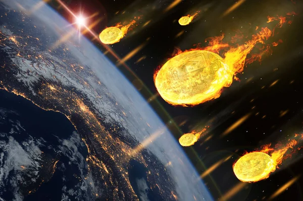 Price Bitcoin Cryptocurrency Coins Falling Entering Earth Atmosphere Elements Image — Stock Photo, Image