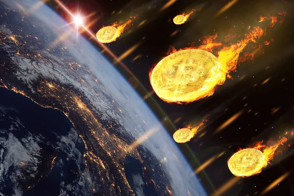 Bitcoin Vagy Cryptocurrency Érmék Esik Mint Belépő Föld Atmoszféra Kép Jogdíjmentes Stock Fotók