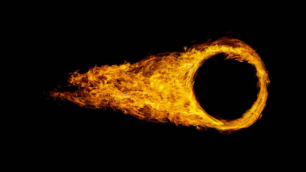 car wheel or circle enveloped in flames isolated on black background. 