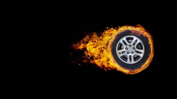 Ruota Auto Cerchio Avvolto Fiamme Isolato Sfondo Nero Fotografia Stock