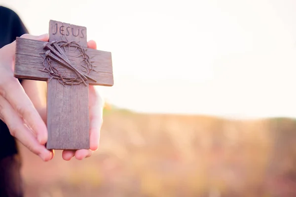 Woman Hands Holding Holy Cross Crown Thorns Nail Easter Good — 스톡 사진