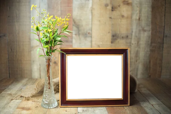 Vintage Decorated Frame Mockup Yellow Wildflowers Small Glass Vase Empty — Stock Photo, Image