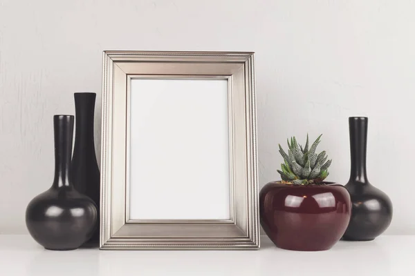 Blank Silver Frame White Table Aloe Vases Mockup Copy Space — Stock Photo, Image