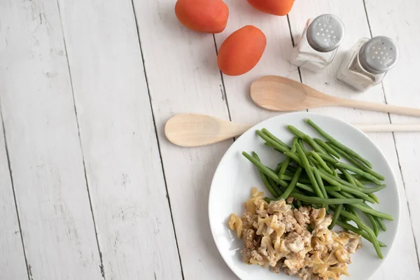 Turkey Stroganoff White Wood Table Green Beans Seasonings — Stock Photo, Image