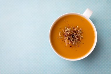 Bir fincan kremalı kabak kabak sebze çorbası, sade ve basit