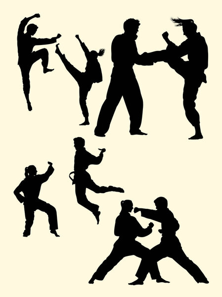 Silhouette of couple exercising karate. Good use for symbol, logo, web icon, mascot, sign, or any design you want.