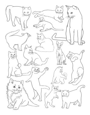 Kediler hat sanatı. Sembol, logo, web simgesi, boyama kitabı, maskot, işaret veya istediğiniz herhangi bir tasarım için iyi kullanmak.