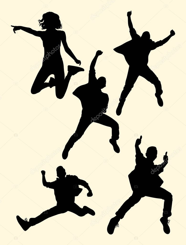 People jumping silhouette 03. Good use for symbol, logo, web icon, mascot, sign, or any design you want.