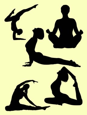 Yoga siluetleri poz verir. Sembol, logo, web simgesi, maskot, işaret veya istediğiniz herhangi bir tasarım için iyi bir kullanım alanı.